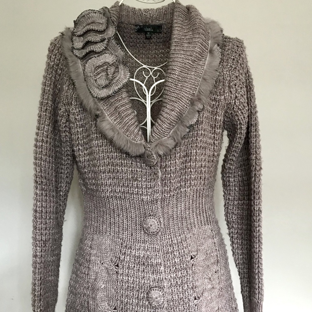 Embellished Taupe/Tan Wool Blend Sweater Coat,  M
